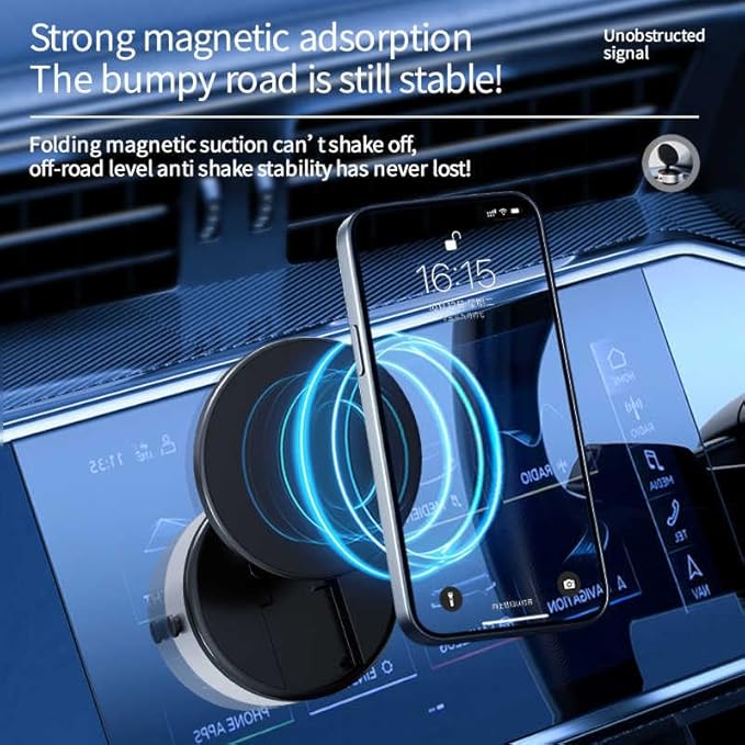 Magnetic Phone Holder for Car, 360° Rotatable Phone Holder, Mini Car Phone Mount with Vacuum Suction Cup, Foldable Stand with Magnetic Ring for Mirror/Shower/Smooth Surface, for all Smartphone