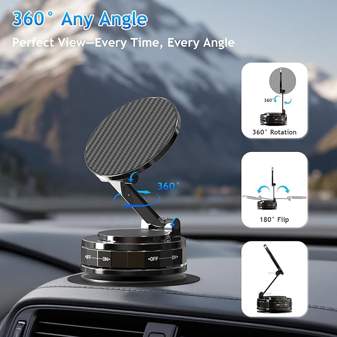 Magnetic Phone Holder for Car, 360° Rotatable Phone Holder, Mini Car Phone Mount with Vacuum Suction Cup, Foldable Stand with Magnetic Ring for Mirror/Shower/Smooth Surface, for all Smartphone