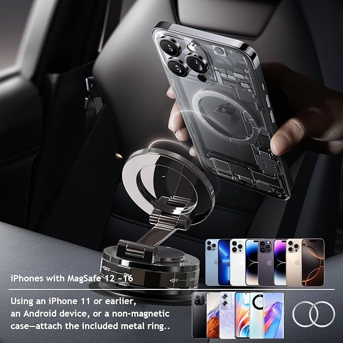 Magnetic Phone Holder for Car, 360° Rotatable Phone Holder, Mini Car Phone Mount with Vacuum Suction Cup, Foldable Stand with Magnetic Ring for Mirror/Shower/Smooth Surface, for all Smartphone