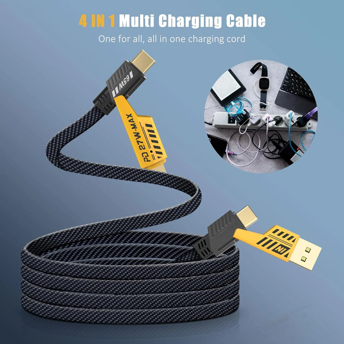 4 in 1 USB C Charging Cable 1m Type-C Connector Nylon Braided PD 65W Fast Charging