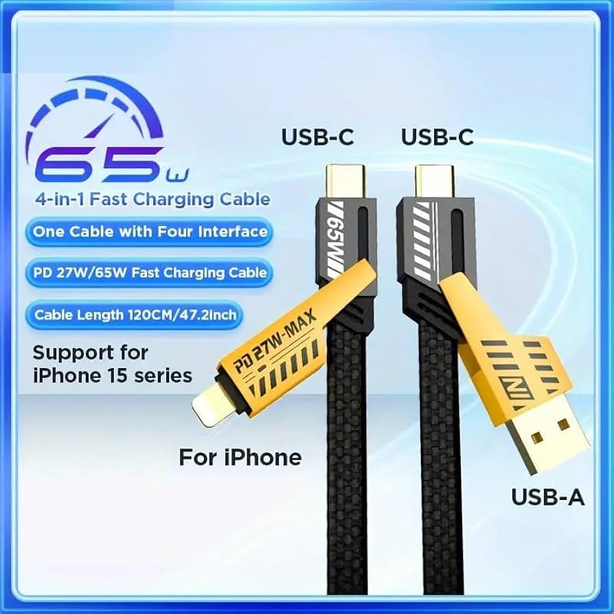 4 in 1 USB C Charging Cable 1m Type-C Connector Nylon Braided PD 65W Fast Charging